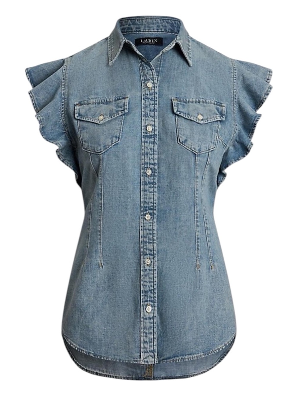 Lauren Ralph Lauren Ruffle Sleeve Denim Blouse Shirt Size 12 NWT